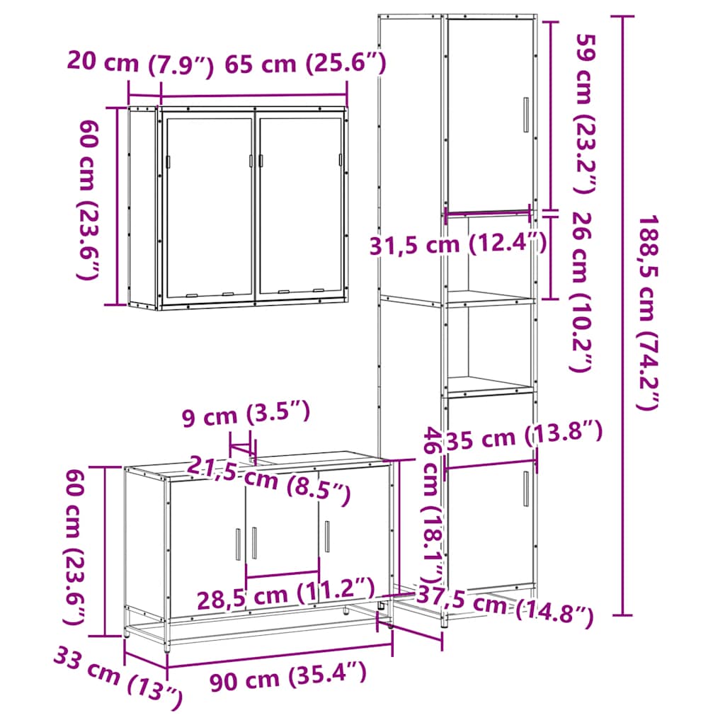 vidaXL 3 Piece Bathroom Furniture Set Smoked Oak Engineered Wood