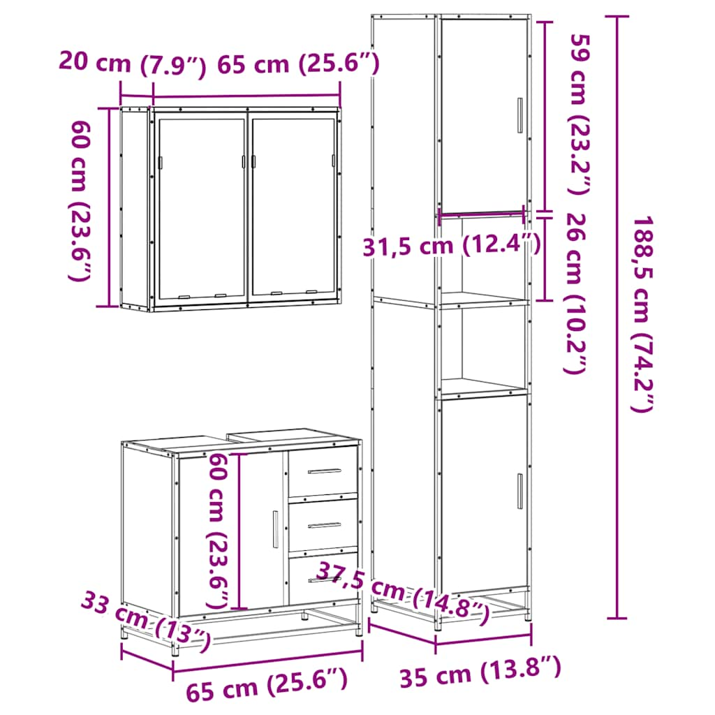 vidaXL 3 Piece Bathroom Furniture Set Grey Sonoma Engineered Wood