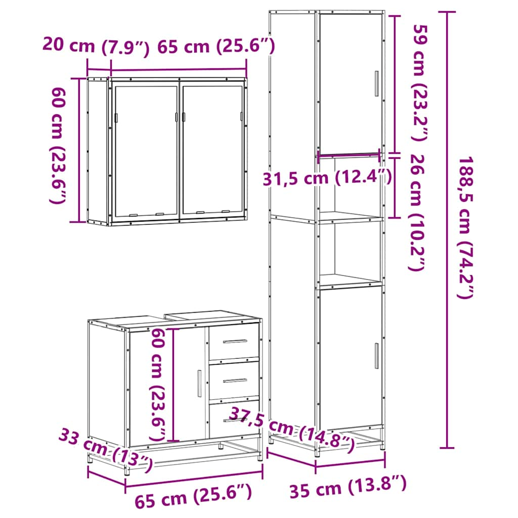 vidaXL 3 Piece Bathroom Furniture Set Brown Oak Engineered Wood