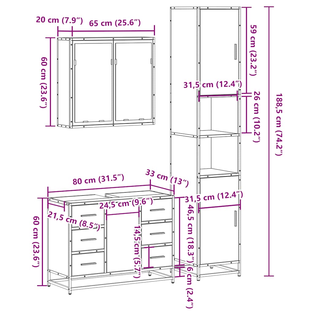 vidaXL 3 Piece Bathroom Furniture Set Sonoma Oak Engineered Wood