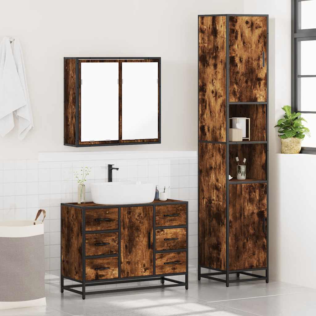 vidaXL 3 Piece Bathroom Furniture Set Smoked Oak Engineered Wood