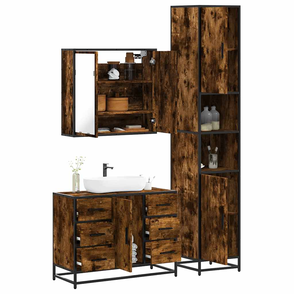 vidaXL 3 Piece Bathroom Furniture Set Smoked Oak Engineered Wood