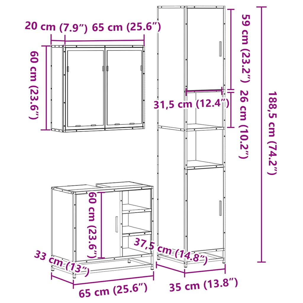 vidaXL 3 Piece Bathroom Furniture Set Smoked Oak Engineered Wood