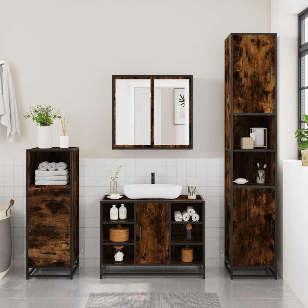 vidaXL 3 Piece Bathroom Furniture Set Smoked Oak Engineered Wood