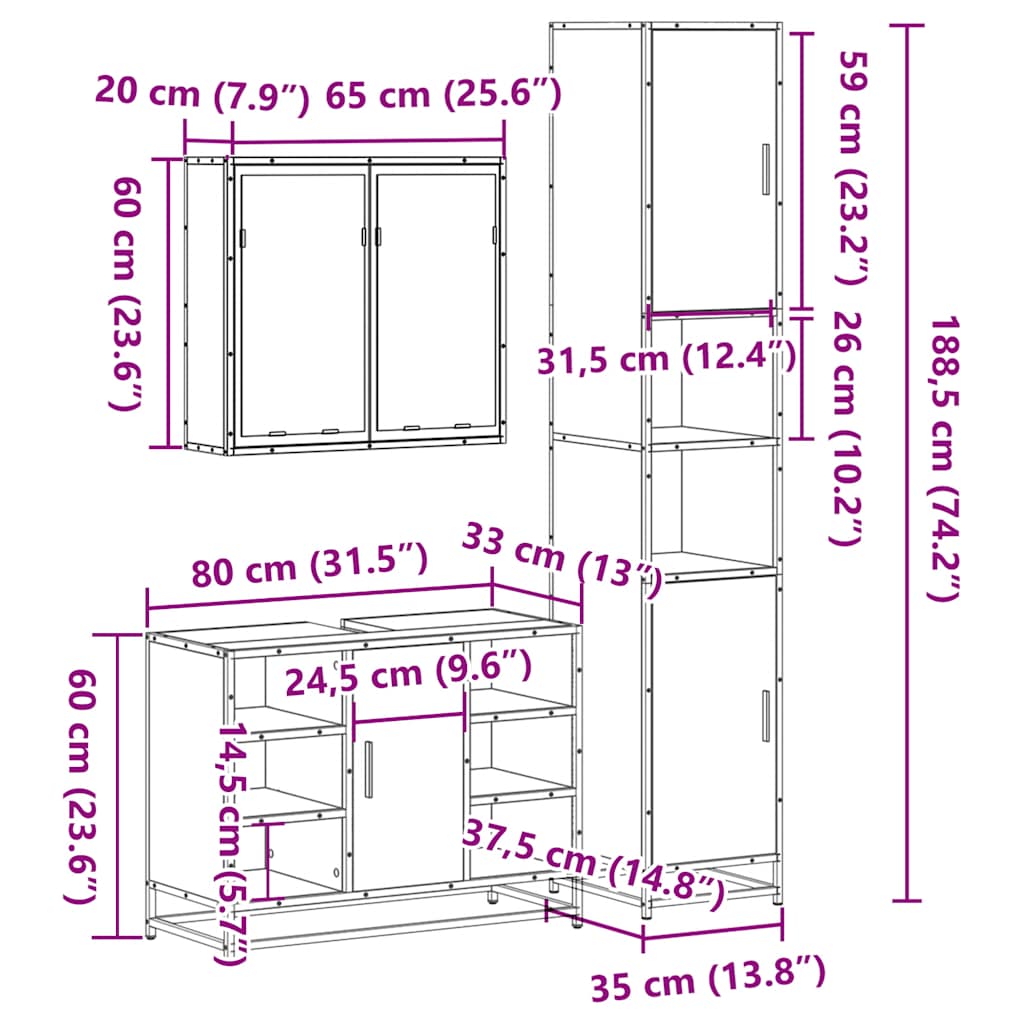 vidaXL 3 Piece Bathroom Furniture Set Grey Sonoma Engineered Wood