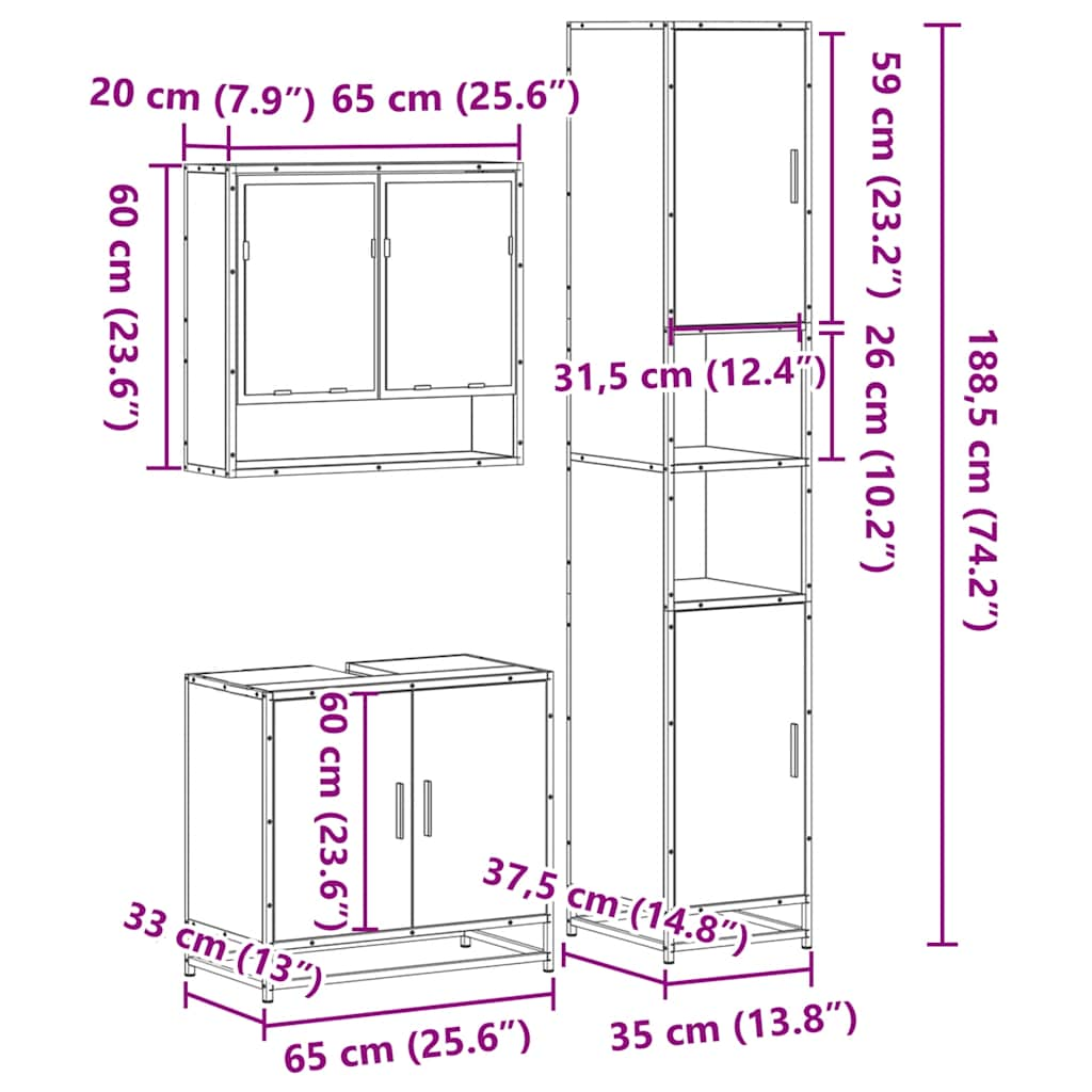 vidaXL 3 Piece Bathroom Furniture Set Sonoma Oak Engineered Wood