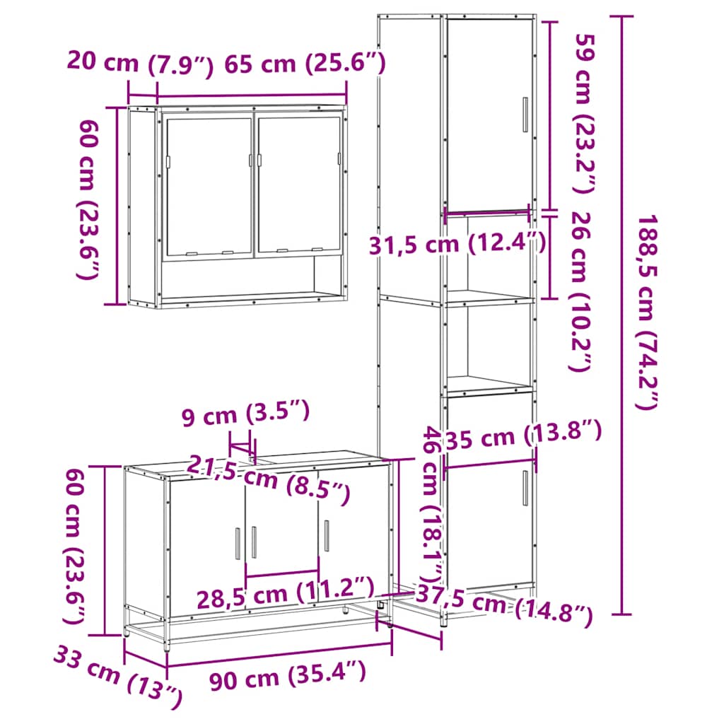 vidaXL 3 Piece Bathroom Furniture Set Sonoma Oak Engineered Wood