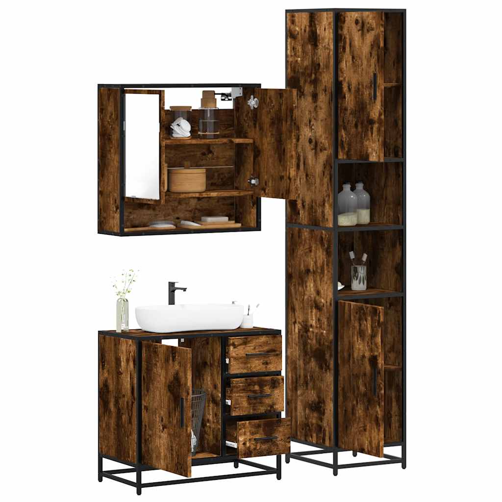 vidaXL 3 Piece Bathroom Furniture Set Smoked Oak Engineered Wood