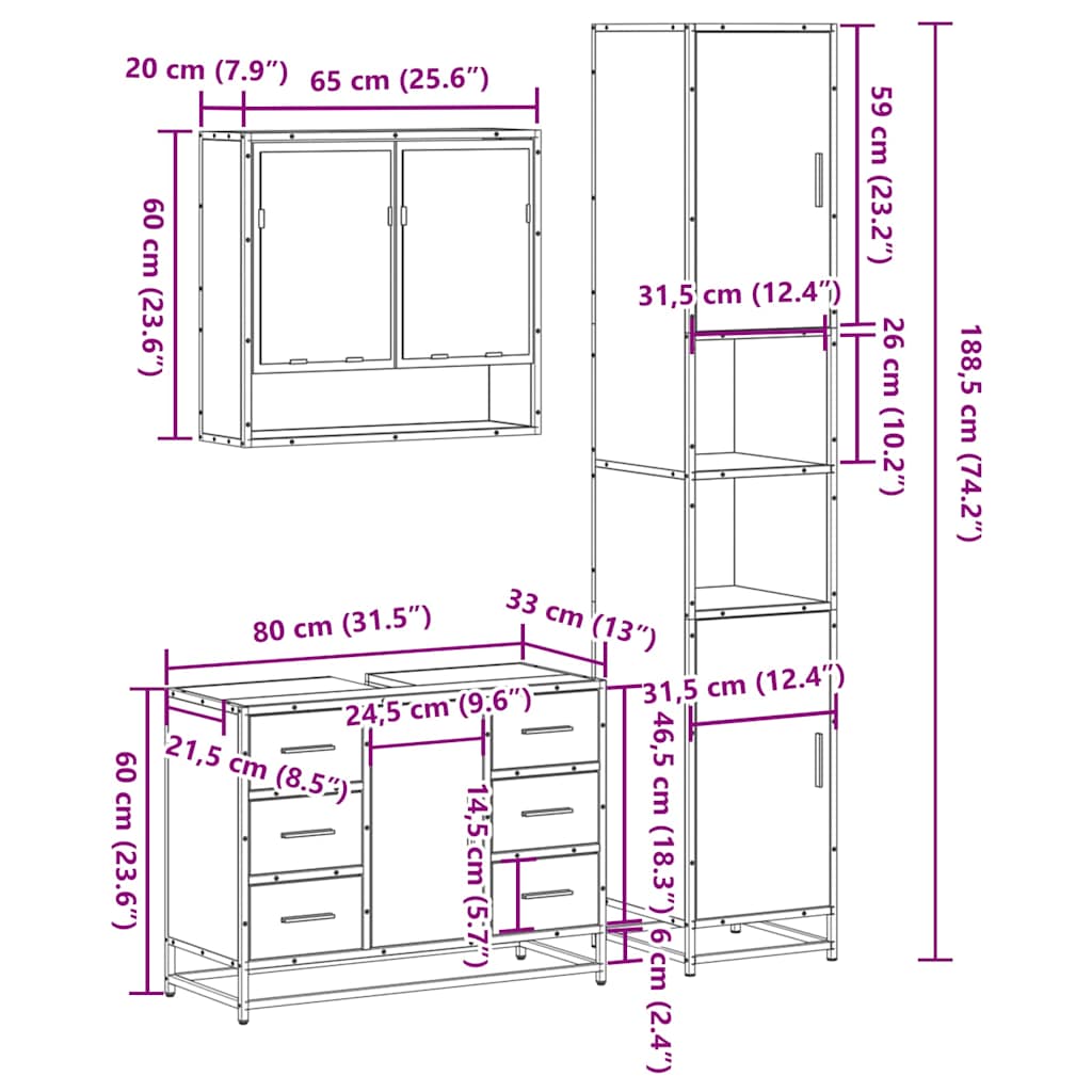 vidaXL 3 Piece Bathroom Furniture Set Black Engineered Wood