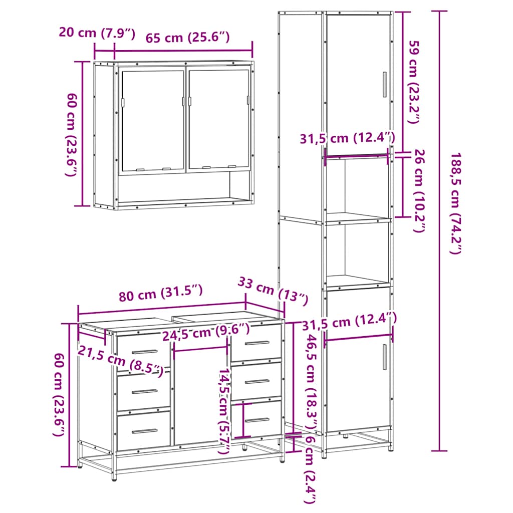 vidaXL 3 Piece Bathroom Furniture Set Smoked Oak Engineered Wood