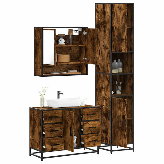 vidaXL 3 Piece Bathroom Furniture Set Smoked Oak Engineered Wood