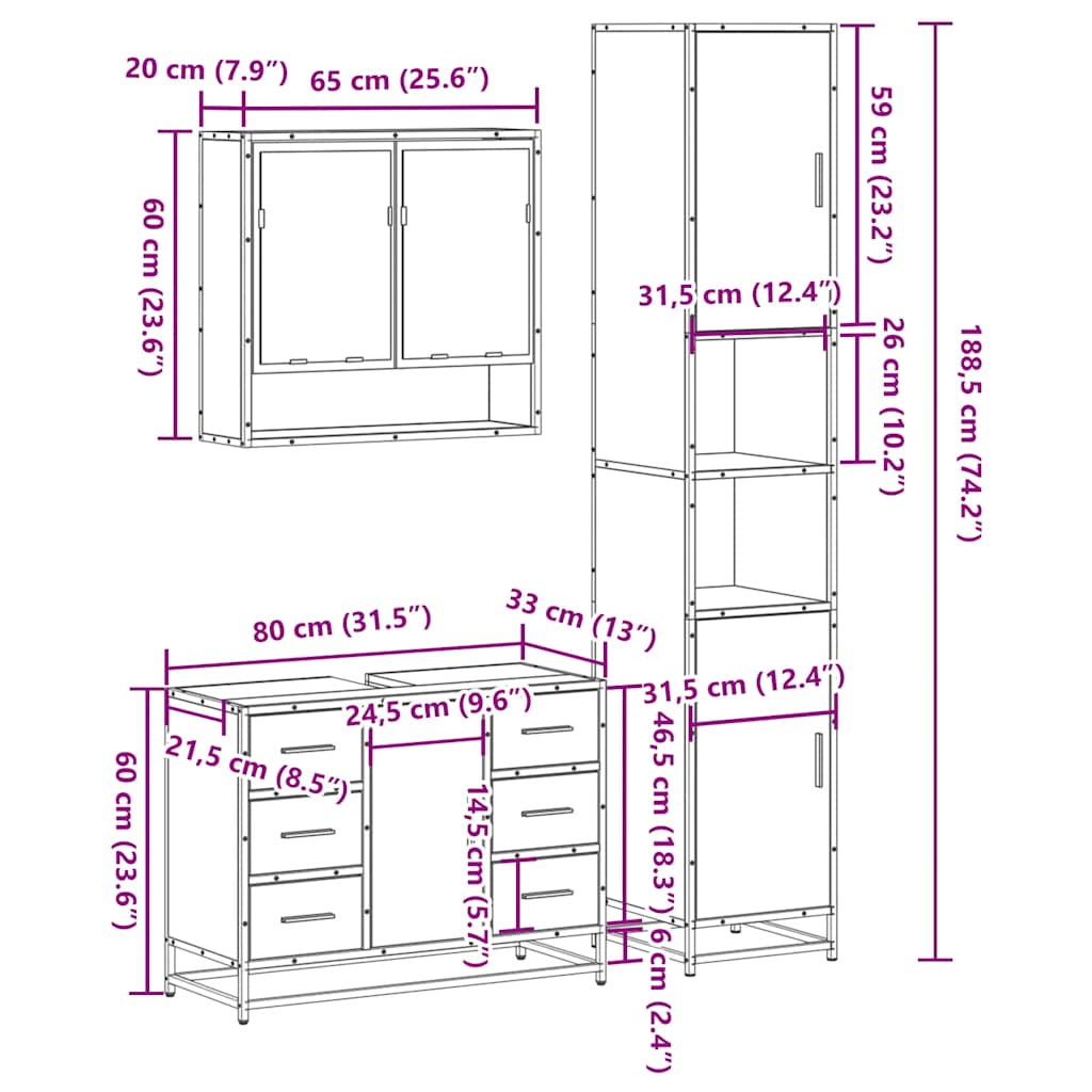 vidaXL 3 Piece Bathroom Furniture Set Grey Sonoma Engineered Wood