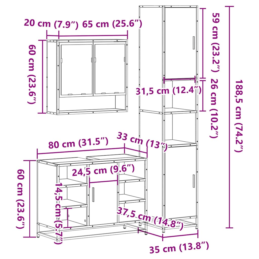 vidaXL 3 Piece Bathroom Furniture Set Black Engineered Wood