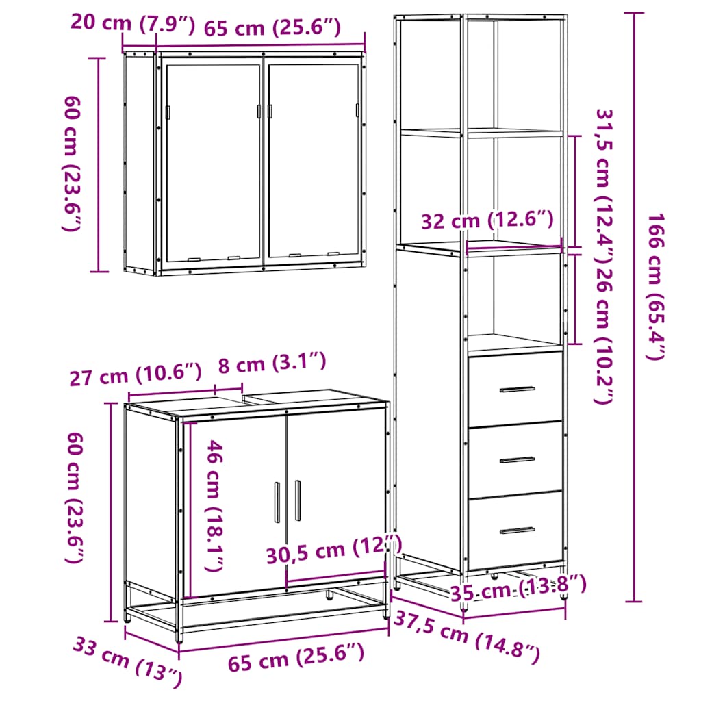 vidaXL 3 Piece Bathroom Furniture Set Grey Sonoma Engineered Wood