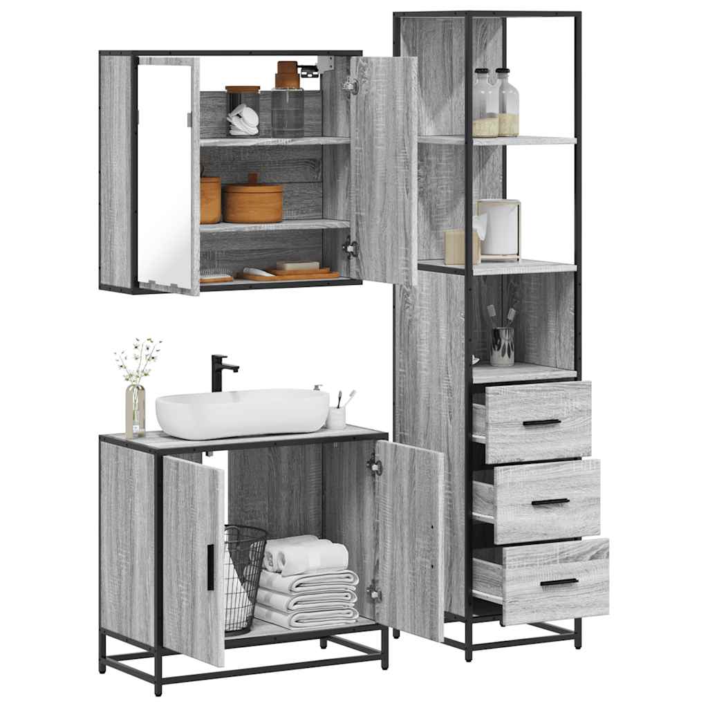 vidaXL 3 Piece Bathroom Furniture Set Grey Sonoma Engineered Wood