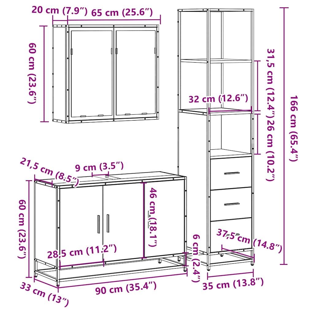 vidaXL 3 Piece Bathroom Furniture Set Sonoma Oak Engineered Wood