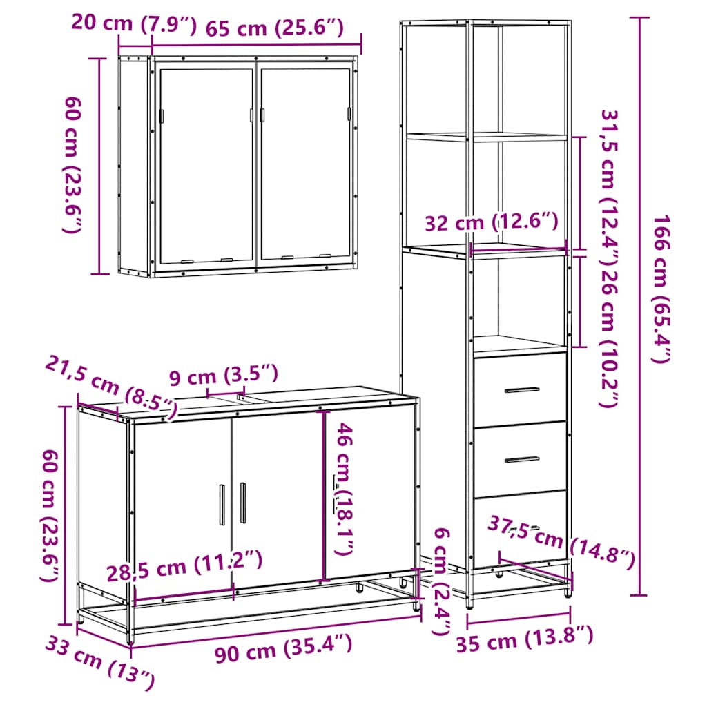 vidaXL 3 Piece Bathroom Furniture Set Smoked Oak Engineered Wood