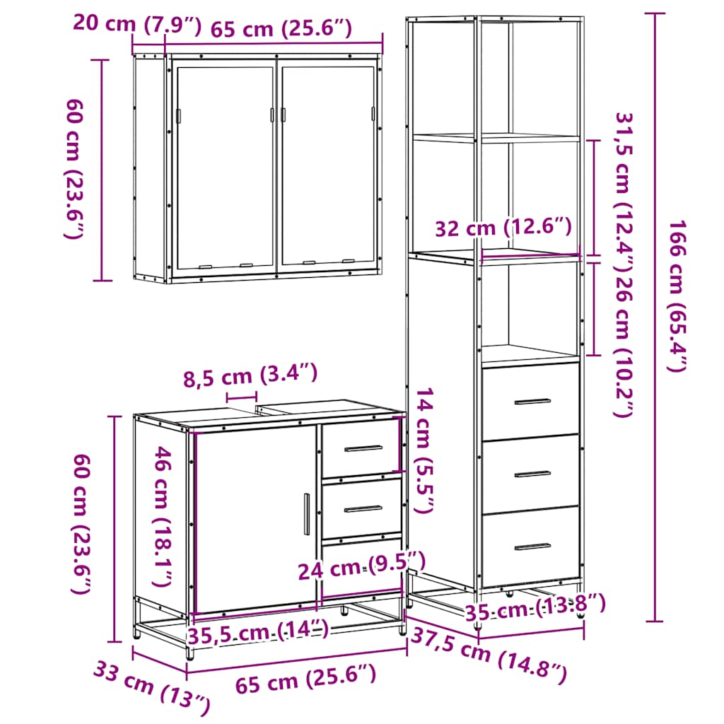 vidaXL 3 Piece Bathroom Furniture Set Sonoma Oak Engineered Wood