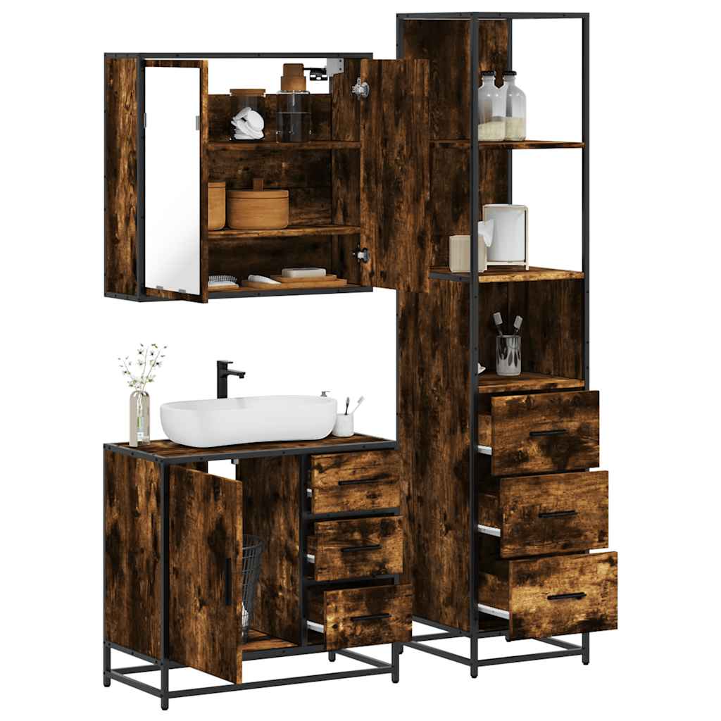 vidaXL 3 Piece Bathroom Furniture Set Smoked Oak Engineered Wood