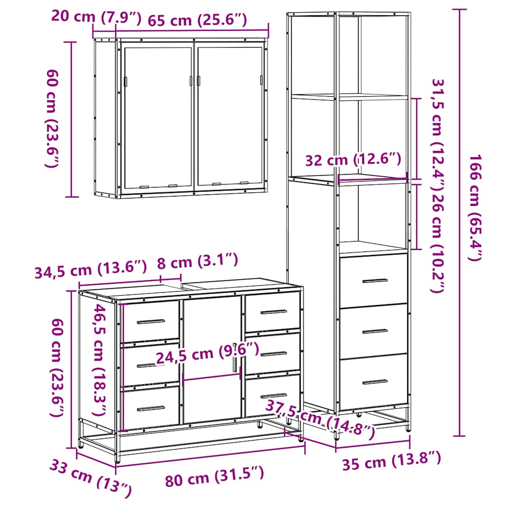 vidaXL 3 Piece Bathroom Furniture Set Smoked Oak Engineered Wood