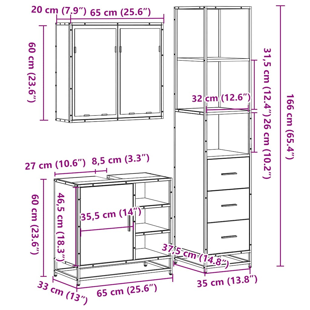 vidaXL 3 Piece Bathroom Furniture Set Sonoma Oak Engineered Wood