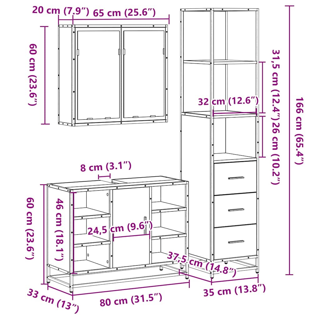 vidaXL 3 Piece Bathroom Furniture Set Sonoma Oak Engineered Wood