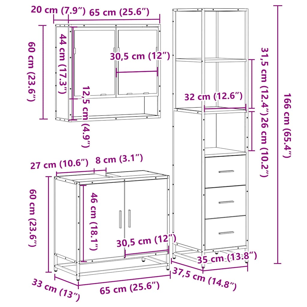 vidaXL 3 Piece Bathroom Furniture Set Smoked Oak Engineered Wood