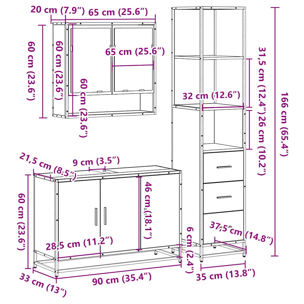 vidaXL 3 Piece Bathroom Furniture Set Sonoma Oak Engineered Wood