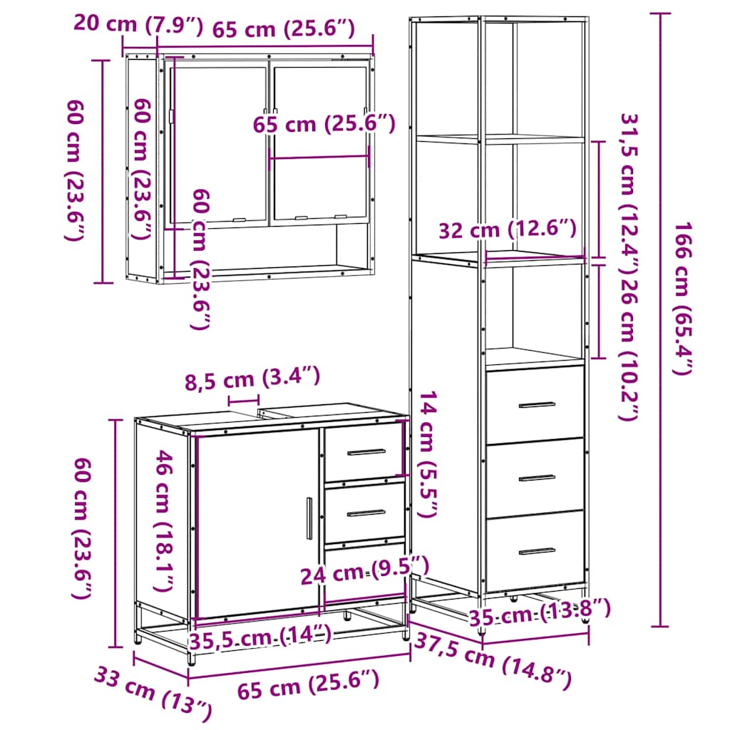 vidaXL 3 Piece Bathroom Furniture Set Sonoma Oak Engineered Wood