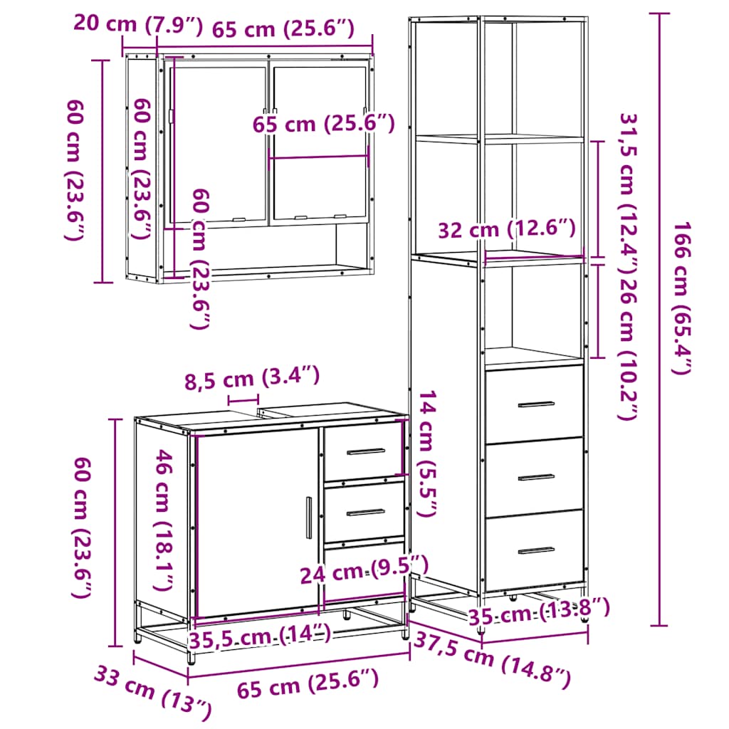 vidaXL 3 Piece Bathroom Furniture Set Smoked Oak Engineered Wood