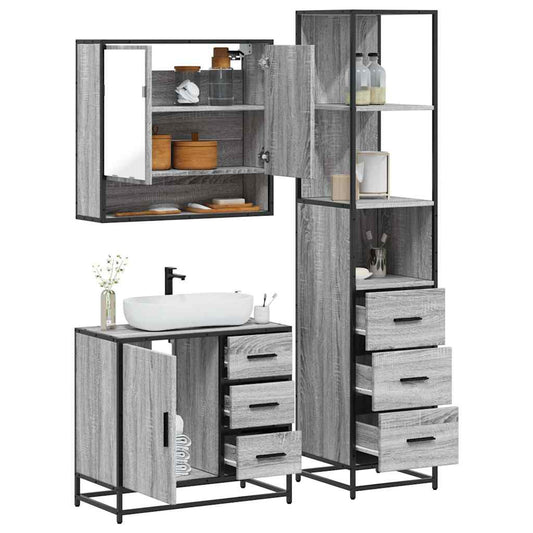 vidaXL 3 Piece Bathroom Furniture Set Grey Sonoma Engineered Wood