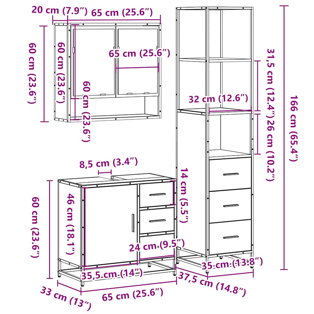 vidaXL 3 Piece Bathroom Furniture Set Brown Oak Engineered Wood