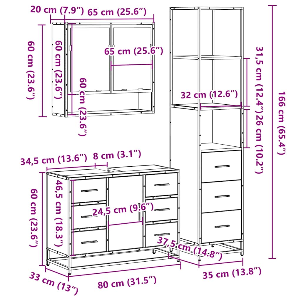 vidaXL 3 Piece Bathroom Furniture Set Smoked Oak Engineered Wood