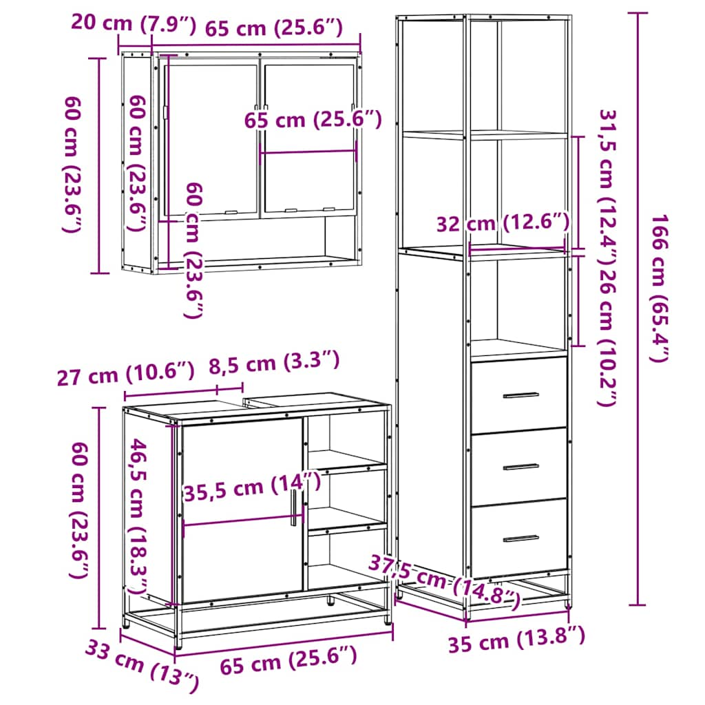 vidaXL 3 Piece Bathroom Furniture Set Sonoma Oak Engineered Wood