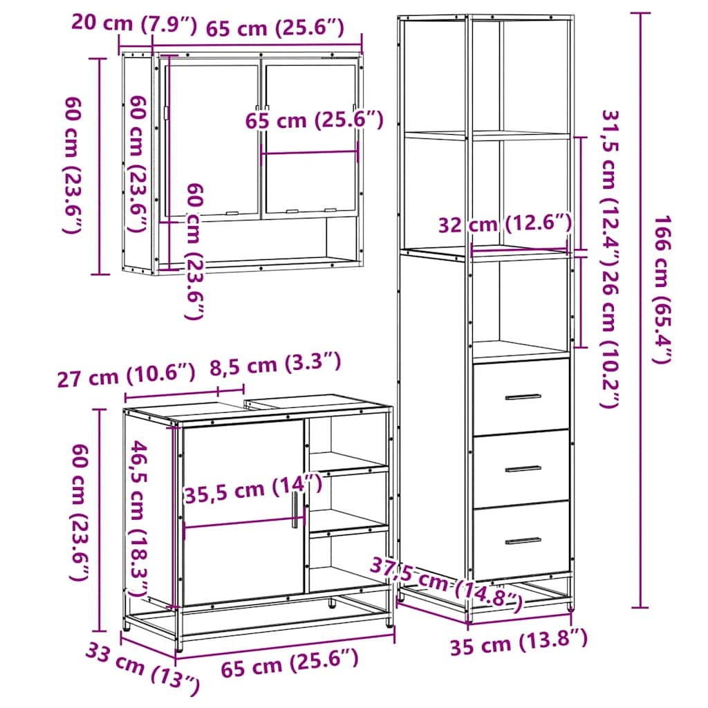 vidaXL 3 Piece Bathroom Furniture Set Smoked Oak Engineered Wood