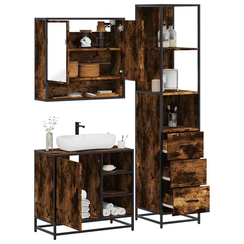 vidaXL 3 Piece Bathroom Furniture Set Smoked Oak Engineered Wood