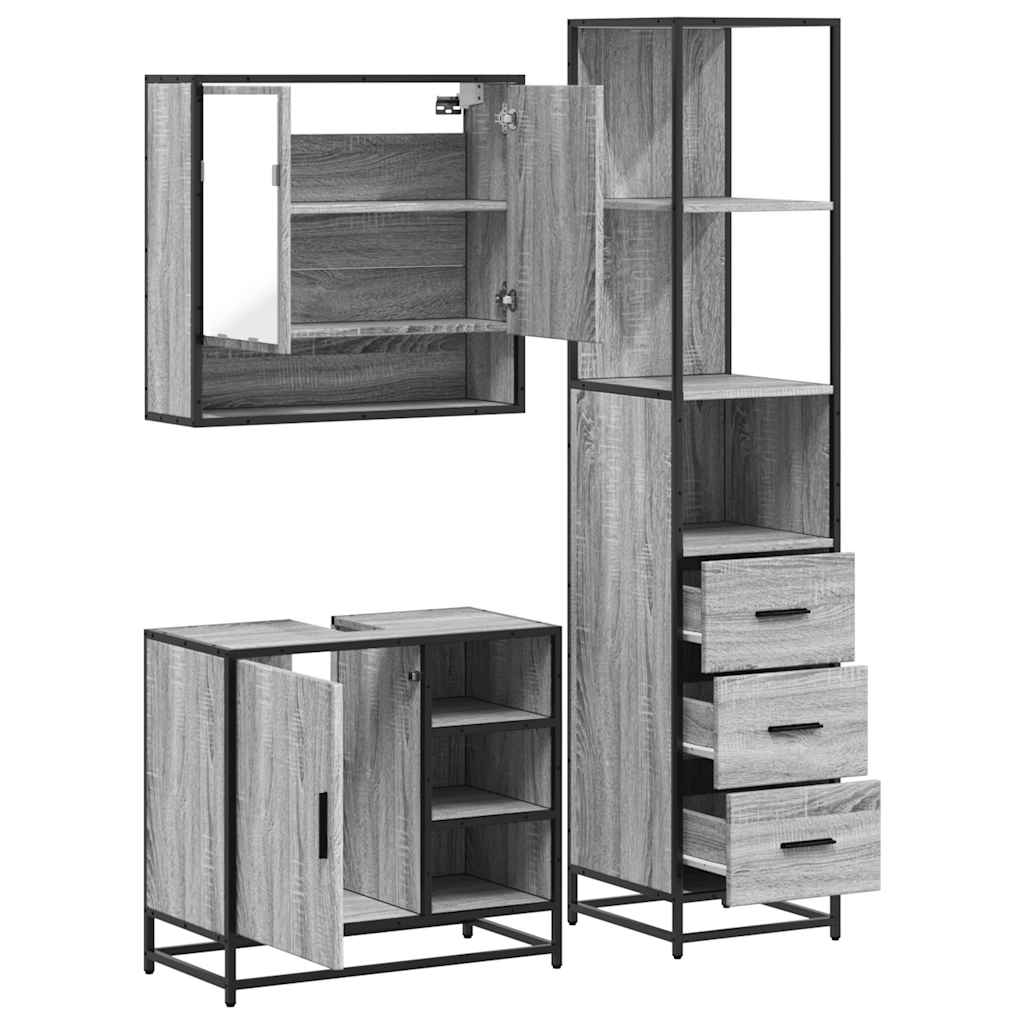 vidaXL 3 Piece Bathroom Furniture Set Grey Sonoma Engineered Wood