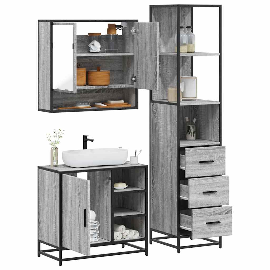 vidaXL 3 Piece Bathroom Furniture Set Grey Sonoma Engineered Wood