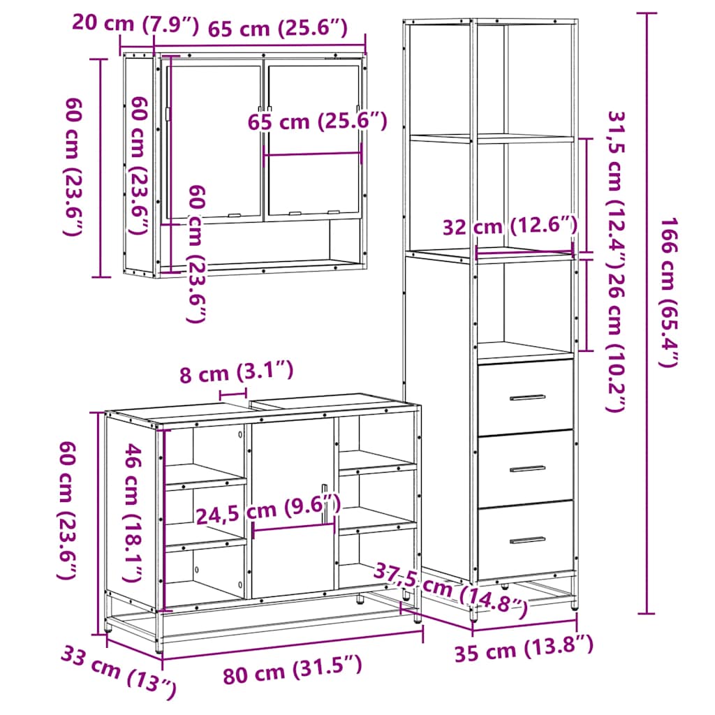 vidaXL 3 Piece Bathroom Furniture Set Smoked Oak Engineered Wood