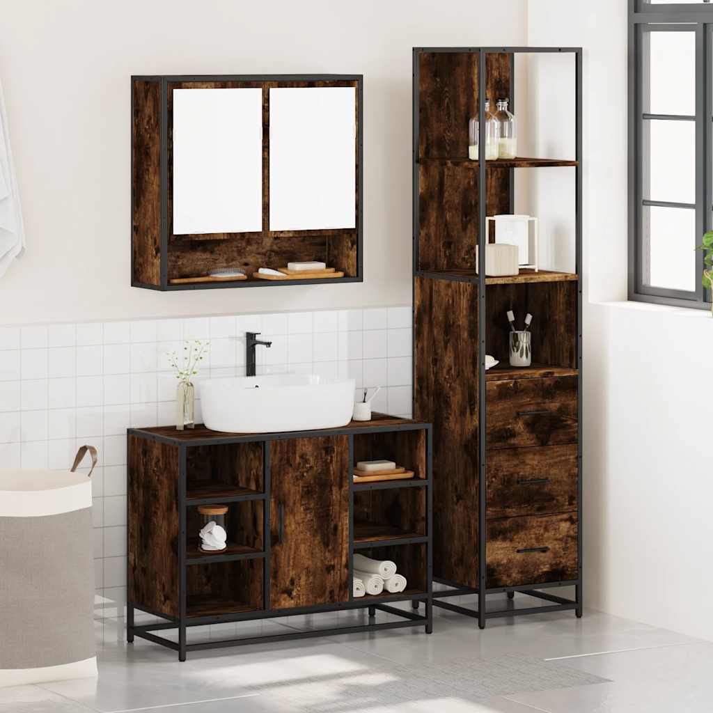 3 Piece Bathroom Furniture Set Smoked Oak Engineered Wood