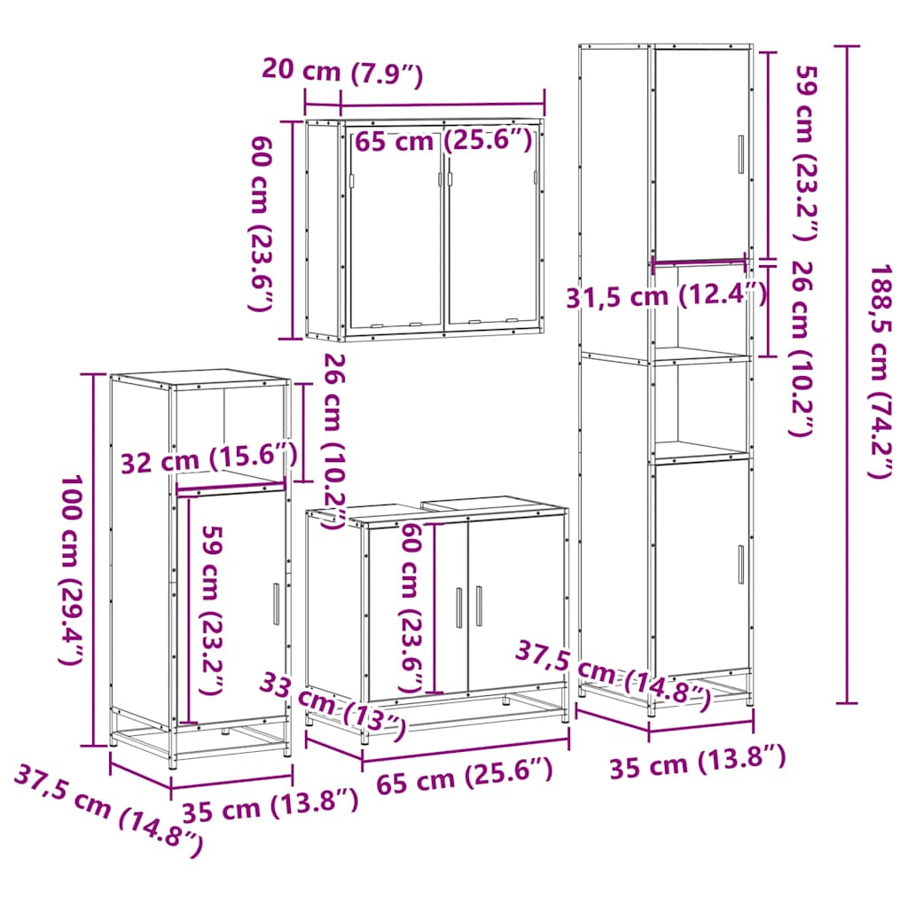 vidaXL 4 Piece Bathroom Furniture Set Smoked Oak Engineered Wood