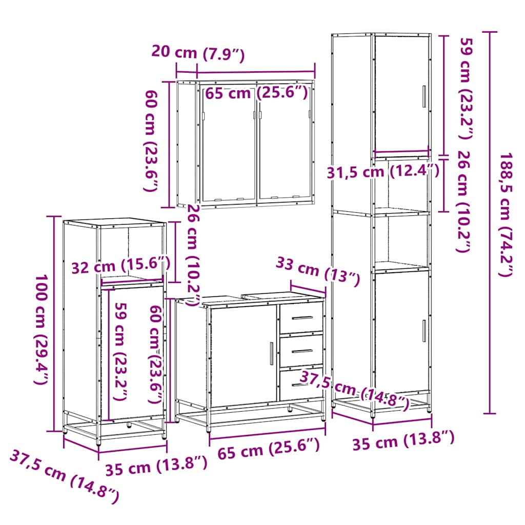 vidaXL 4 Piece Bathroom Furniture Set Sonoma Oak Engineered Wood