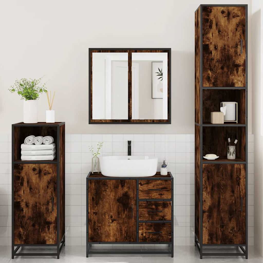 4 Piece Bathroom Furniture Set Smoked Oak Engineered Wood