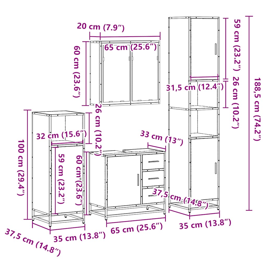 vidaXL 4 Piece Bathroom Furniture Set Smoked Oak Engineered Wood