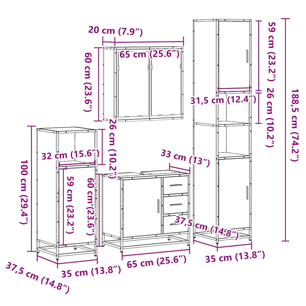 vidaXL 4 Piece Bathroom Furniture Set Grey Sonoma Engineered Wood