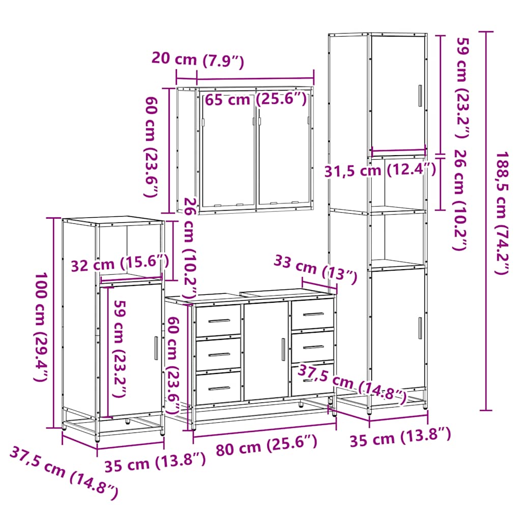 vidaXL 4 Piece Bathroom Furniture Set Grey Sonoma Engineered Wood