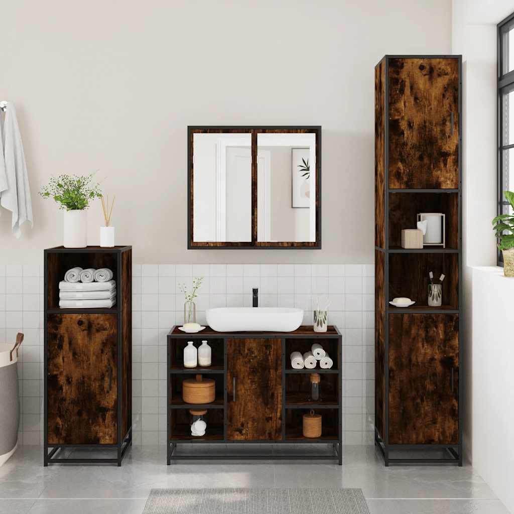 4 Piece Bathroom Furniture Set Smoked Oak Engineered Wood