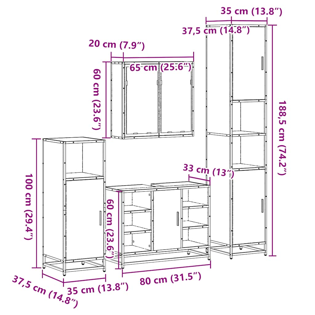 vidaXL 4 Piece Bathroom Furniture Set Grey Sonoma Engineered Wood