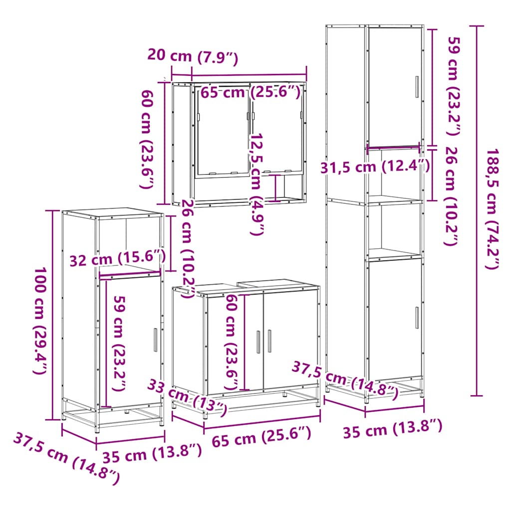 vidaXL 4 Piece Bathroom Furniture Set Grey Sonoma Engineered Wood