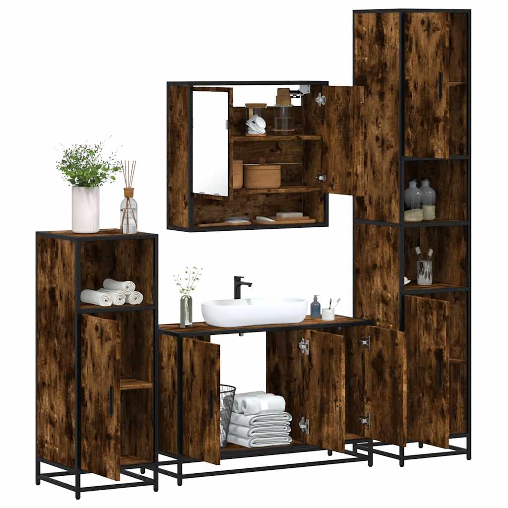 4 Piece Bathroom Furniture Set Smoked Oak Engineered Wood